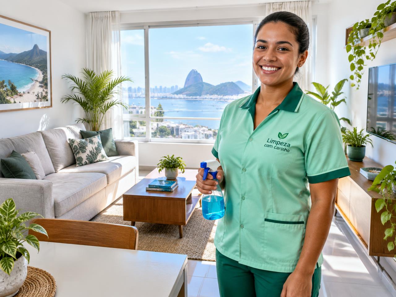 Profissional de limpeza em uma sala residencial iluminada